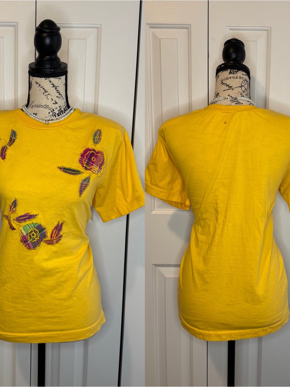 Vintage Yellow Tee with Purple & Green Floral Embroidery